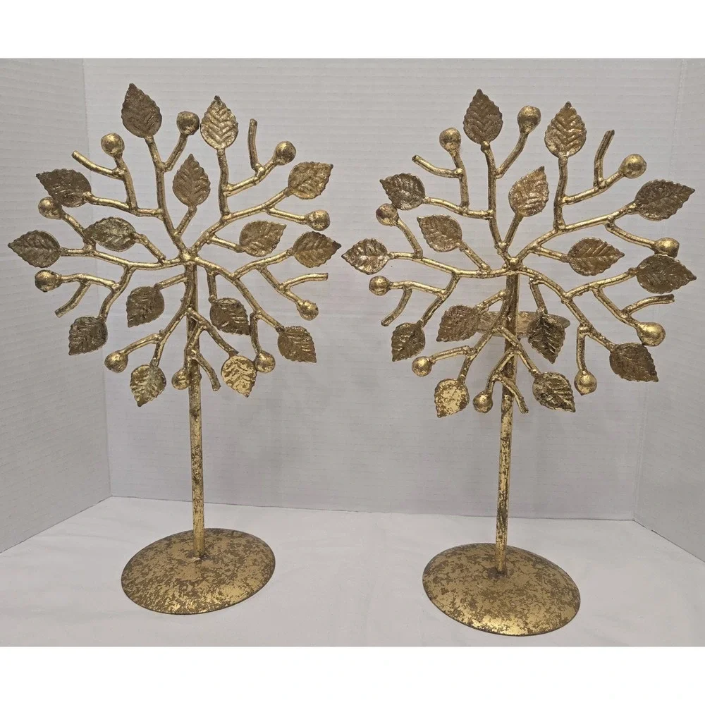Pair of Intricate Vintage Gold Metal Tree of Life Candle Holders - Read Descrip